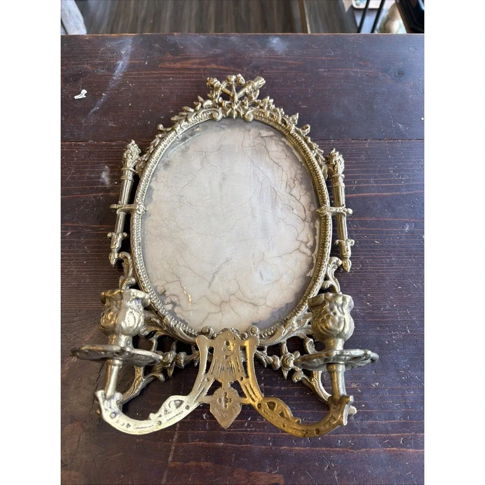 Antique Solid Brass Frame  Wall Sconce Unusual Bacchus Peacock Heavy Candle